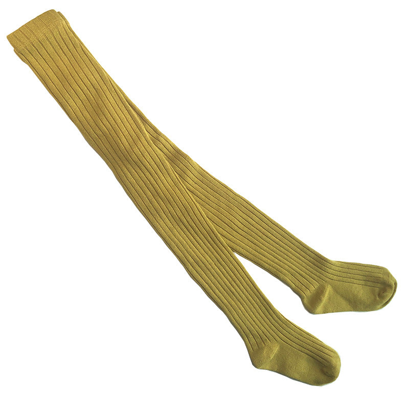 Solid-color Baby Cotton Tights With Ribbed Stripes