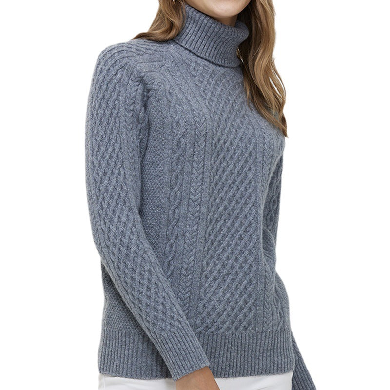 Women's High-neck Cable Knit Wool Sweater