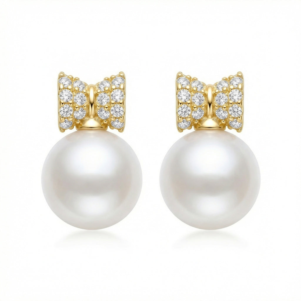 925 Sterling Silver Elegant Bow-Design Pearl Drop Earrings with Shimmering Stone Accents