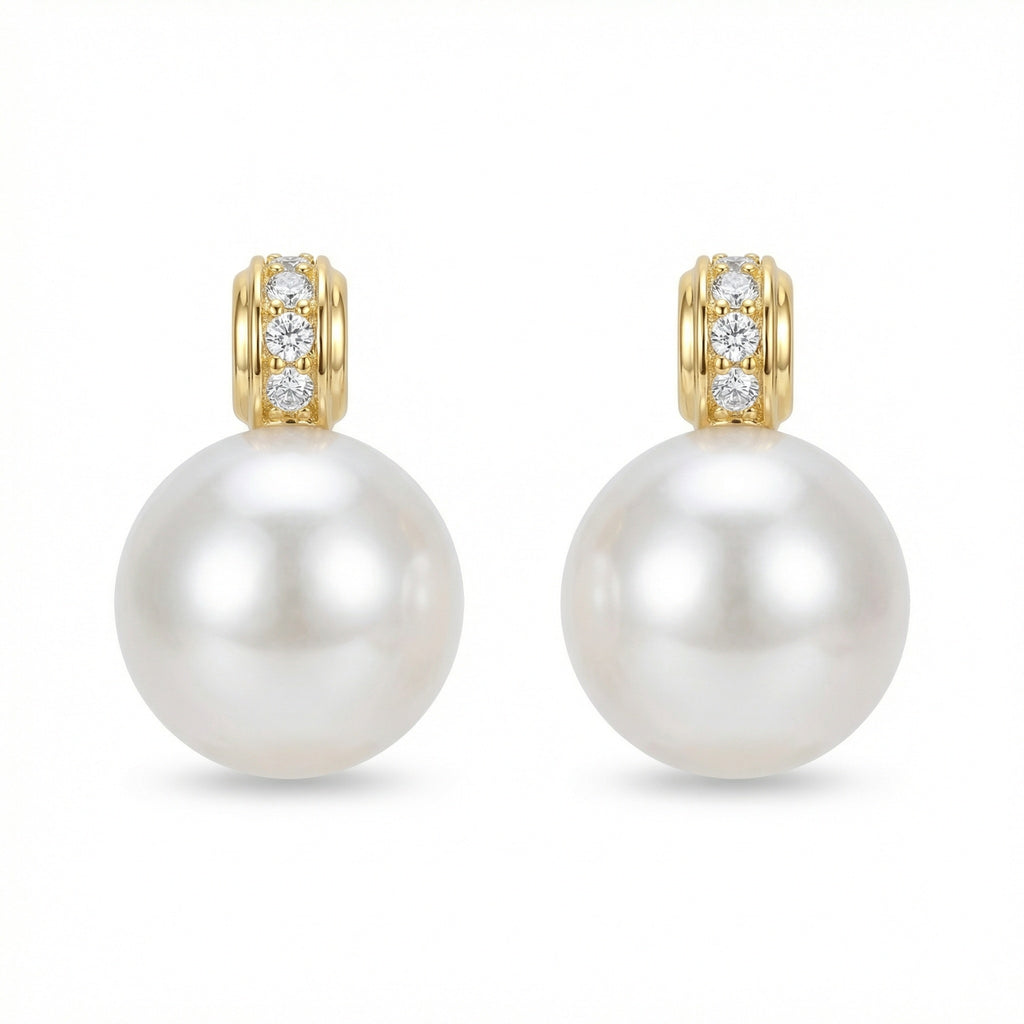 925 Sterling Silver Elegant White Round Pearl Earrings Featuring Shimmering Diamond Accents in Gilded Settings