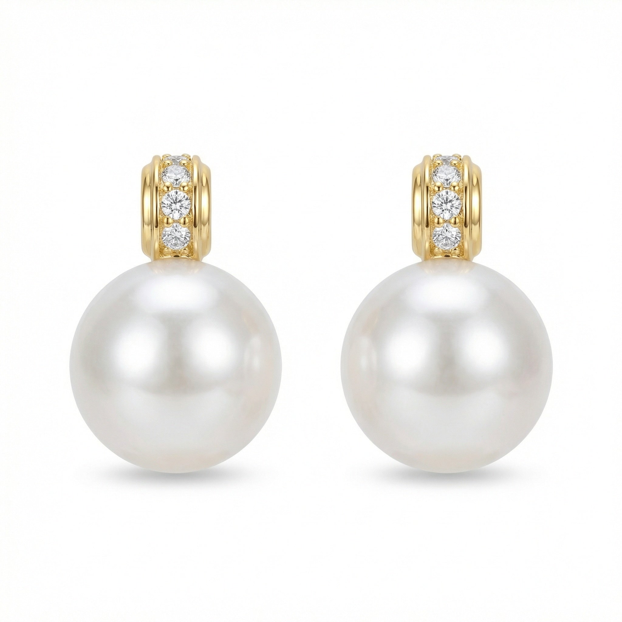 925 Sterling Silver Elegant White Round Pearl Earrings Featuring Shimmering Diamond Accents in Gilded Settings