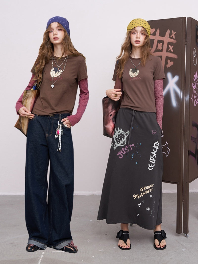 Berry Heart Berry Lung False Two-Piece Retro Strawberry Print Long Sleeve T-Shirt Women's Design Sense Top