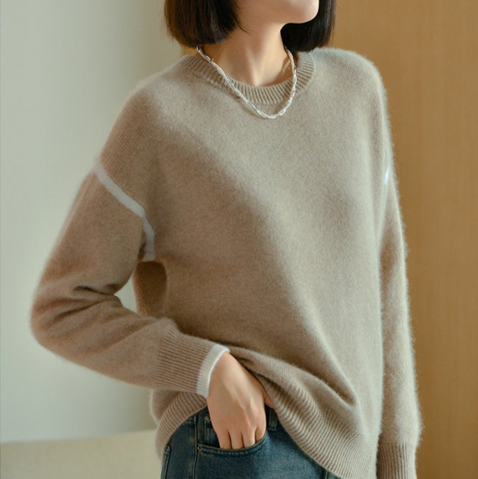 Women's Crew-neck Contrast-color Knit Loose Sweater
