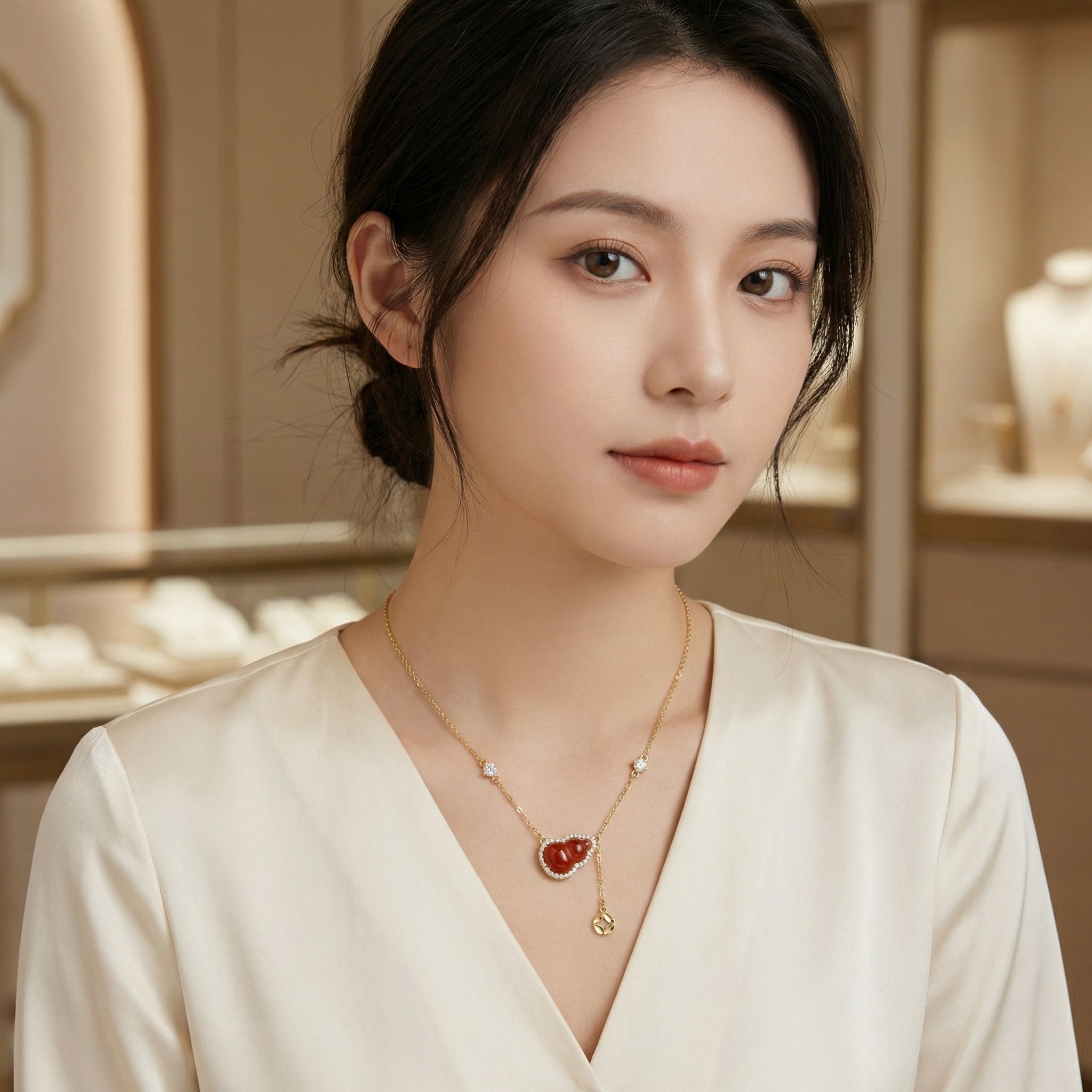 925 Sterling Silver Elegant Red Carnelian Hulu Pendant Necklace with Shimmering Accents and Coin Charm