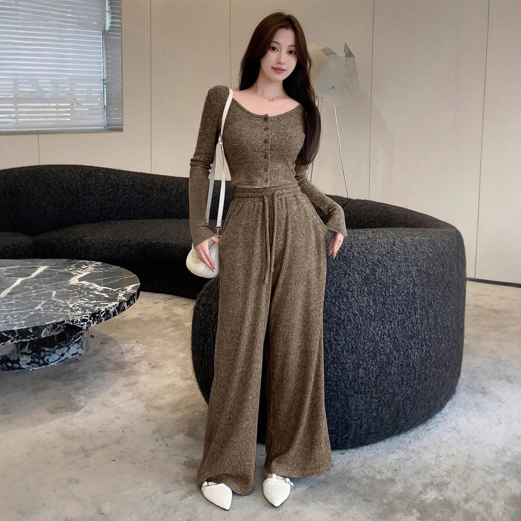Women's Wide-leg Pants Autumn And Winter Straight High-waisted Drape Drawstring Casual Set