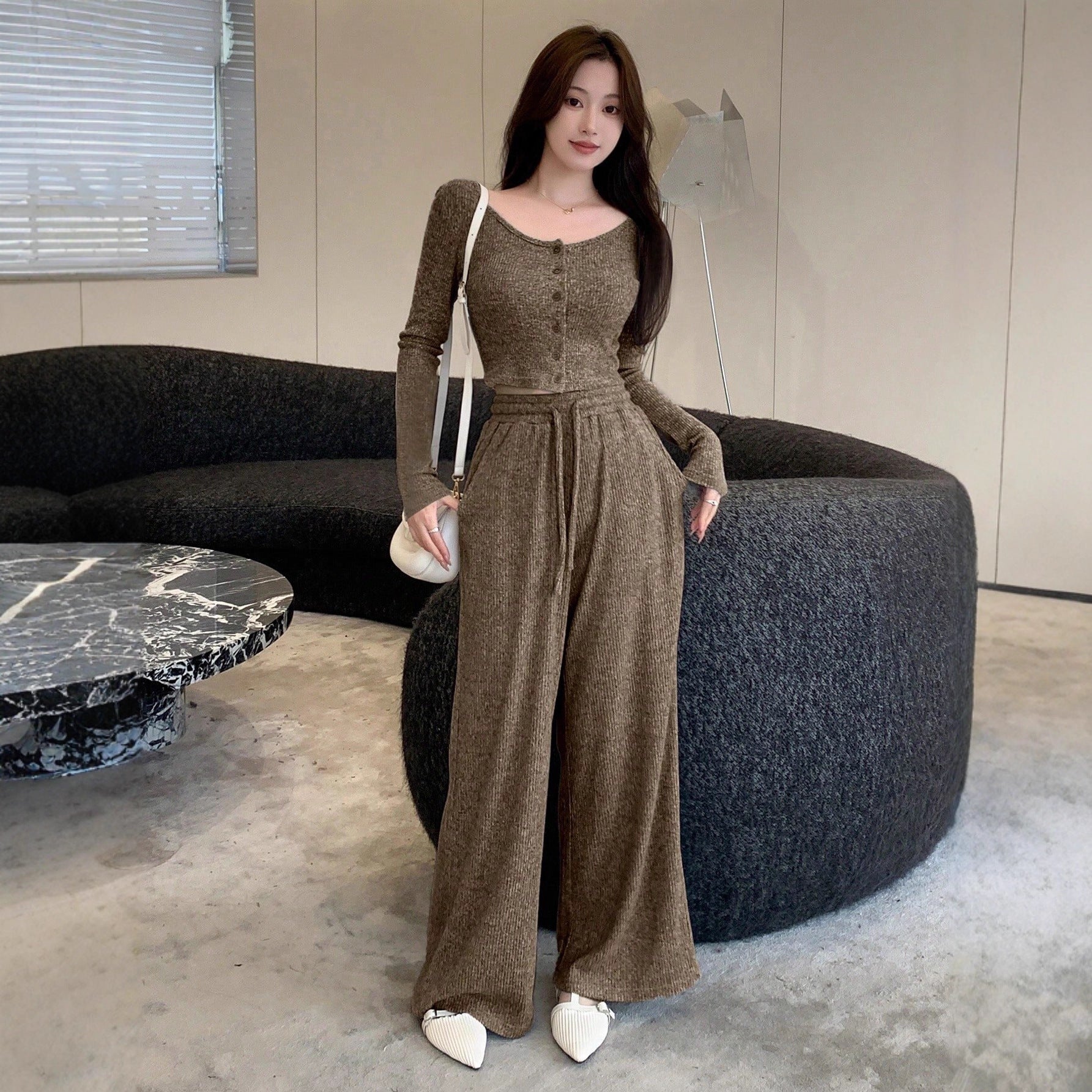 Women's Wide-leg Pants Autumn And Winter Straight High-waisted Drape Drawstring Casual Set