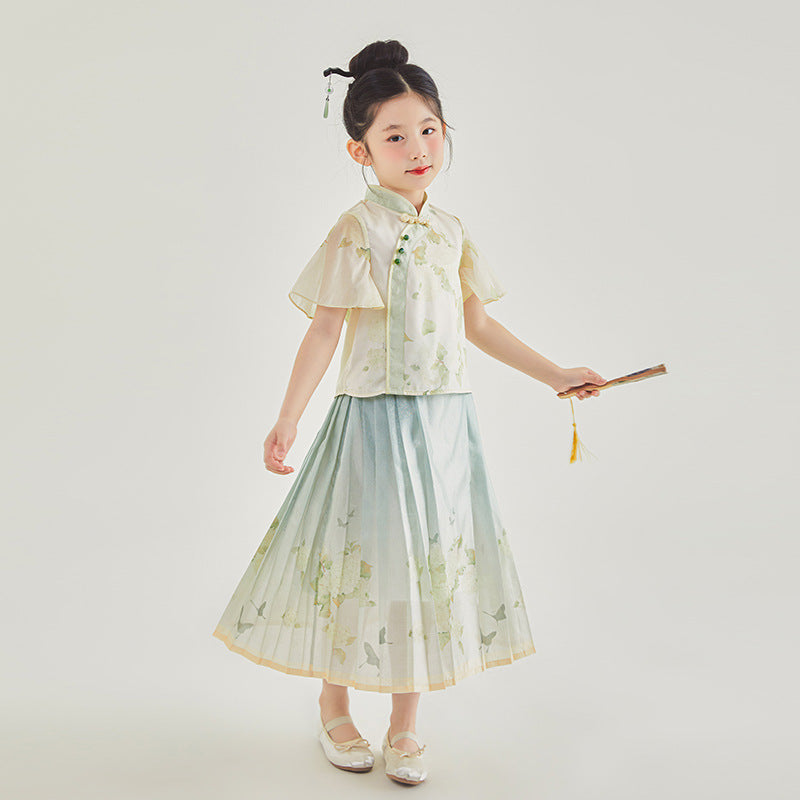 Girls Chinese Style Traditional Short Sleeve Horse-face Skirt Kids Clothes Two-piece Suit