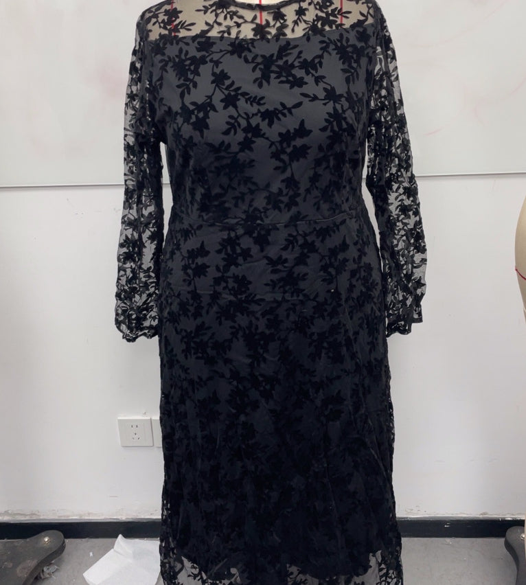 Womens Square-Neck Lace Jacquard Long-Sleeve Dress With Ties