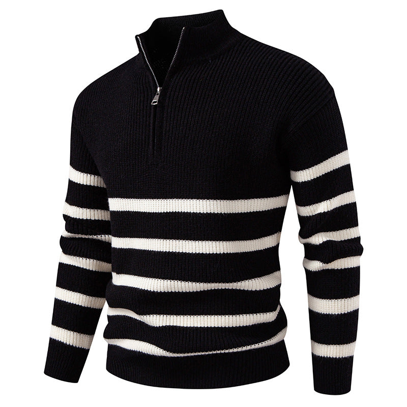 Oversize Zip-up Half-turtle Neck Color-block Striped Sweater For Men