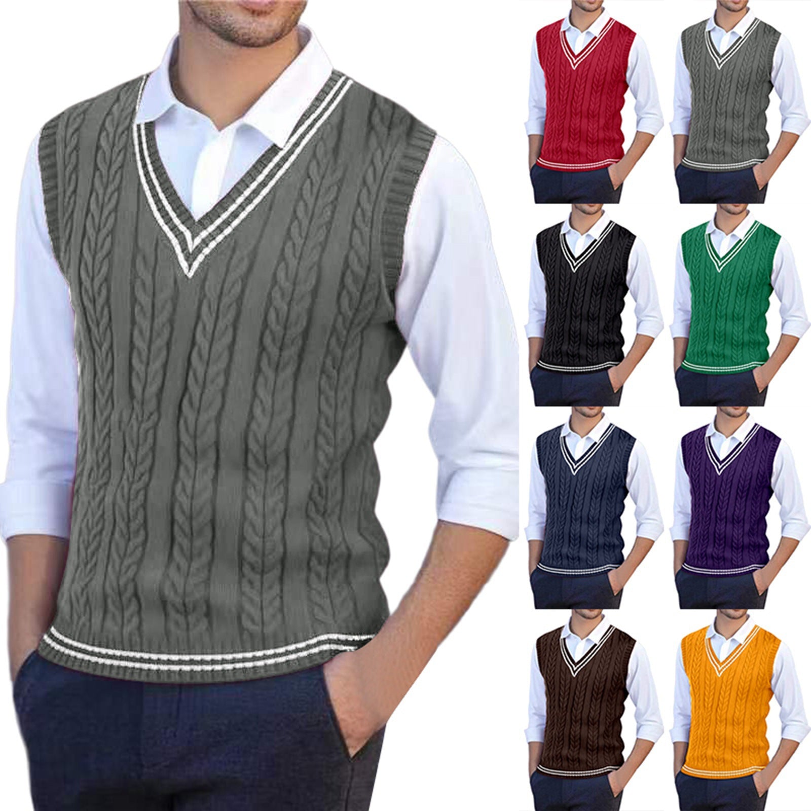 Men's V-neck Cabled Knit Vest
