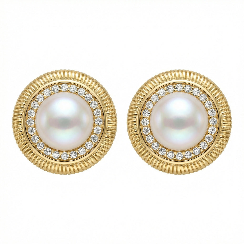 925 Sterling Silver Elegant Cultured Pearl and Sparkling Diamond Textured Halo Stud Earrings