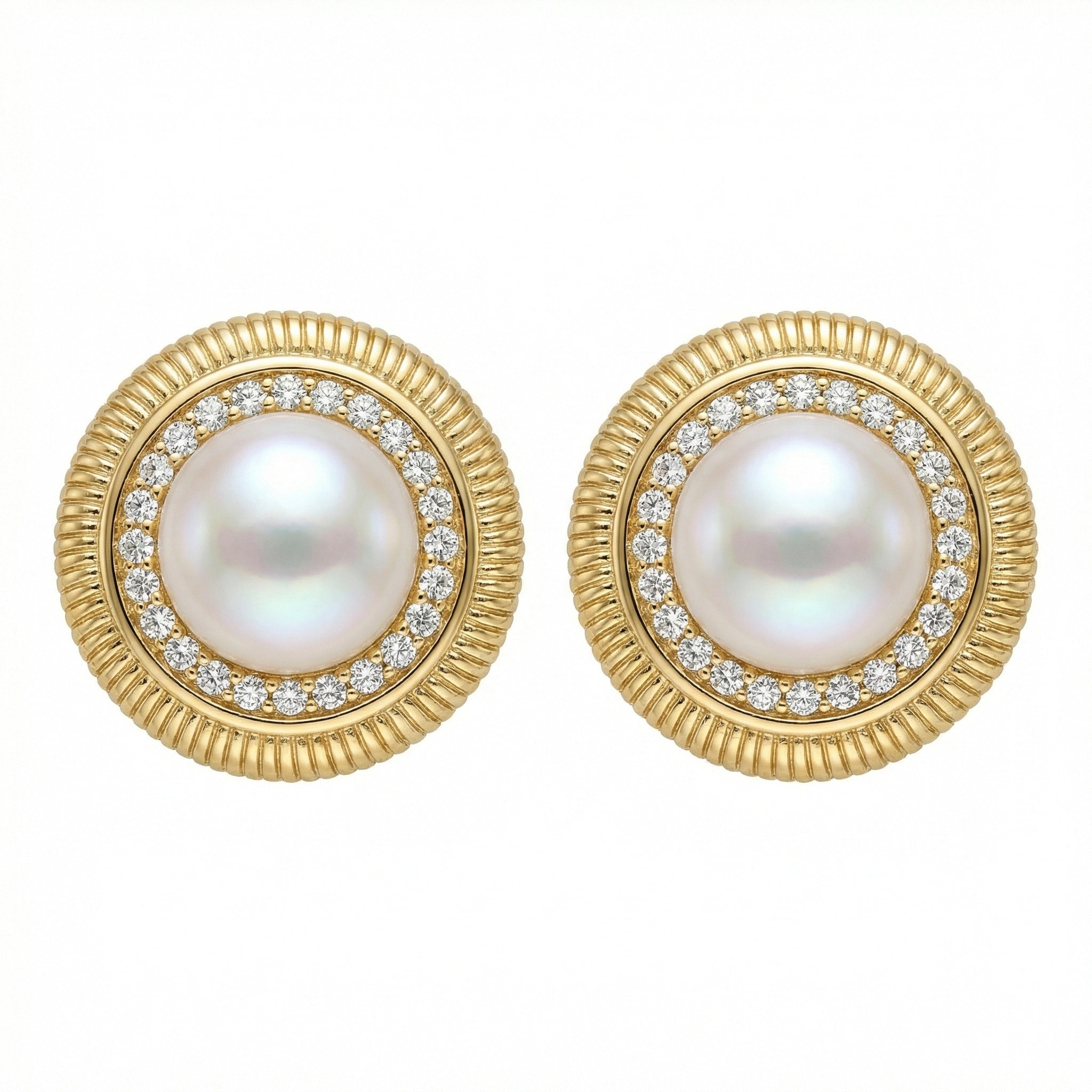 925 Sterling Silver Elegant Cultured Pearl and Sparkling Diamond Textured Halo Stud Earrings